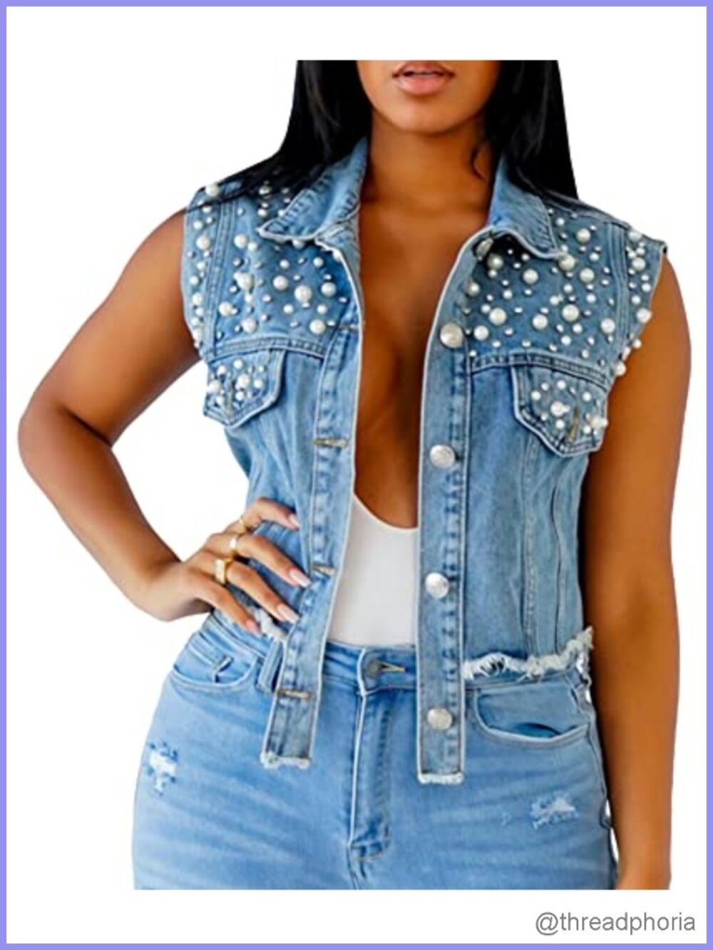 Embellished Pearl Denim Vest Sleeveless Cropped Jean Jacket